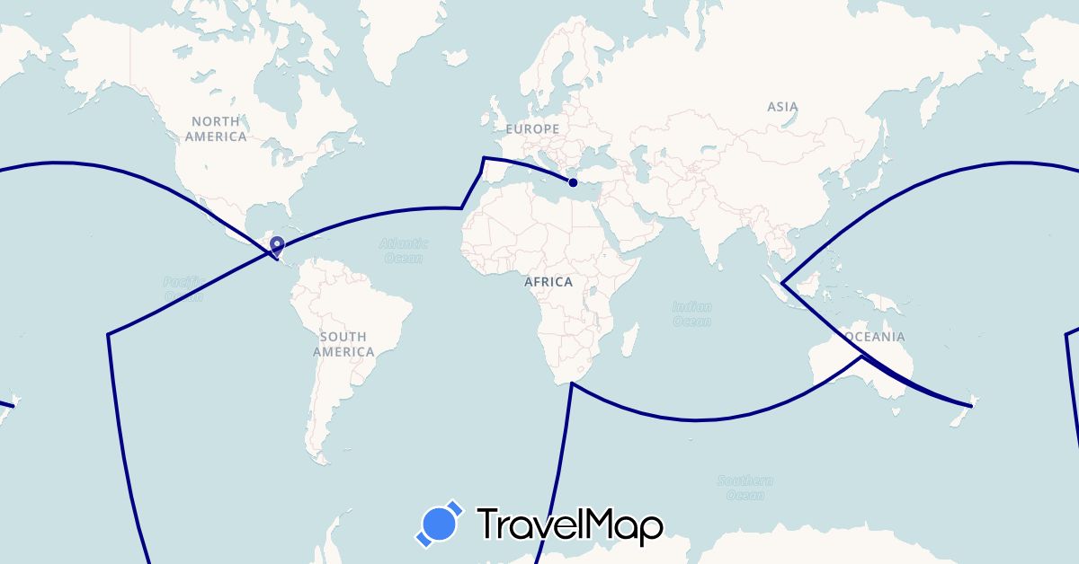 TravelMap itinerary: driving in Australia, Costa Rica, Spain, Greece, Indonesia, Mexico, New Zealand, French Polynesia, Portugal, Singapore, South Africa (Africa, Asia, Europe, North America, Oceania)